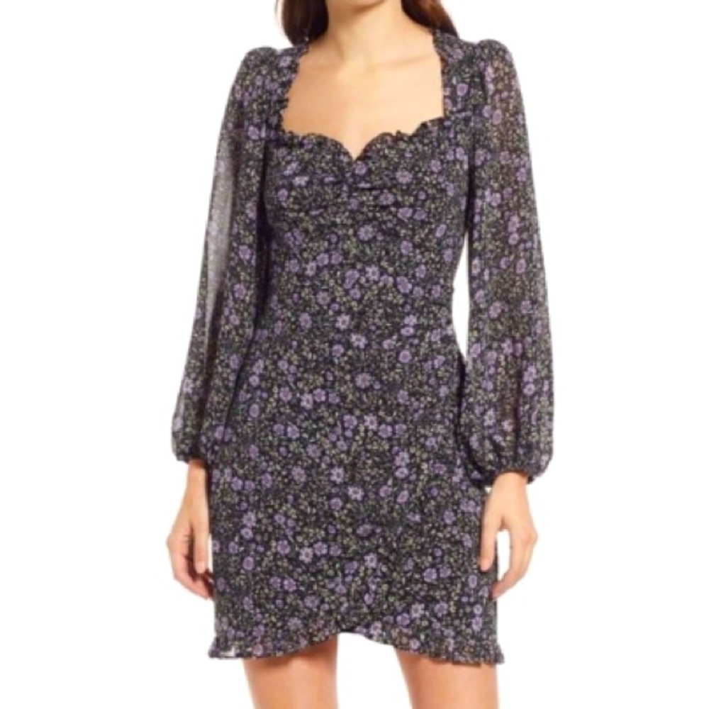 Floret Studios Ditsy Floral Mini Dress. Black w/ purple floral print Size XS NWT